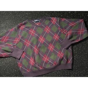 Vtg Ralph Lauren Polo Mens Cotton Argyle Sweater Large V-Neck All Over Knit XL